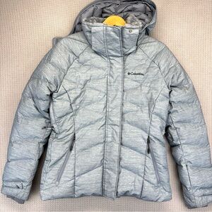 Columbia Lay D Down Jacket Women Med Silver Puffer Omni Heat Hooded Long No Fur